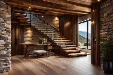 Wooden staircase and stone cladding wall in rustic hallway. Cozy home interior design of modern entrance hall with door. 