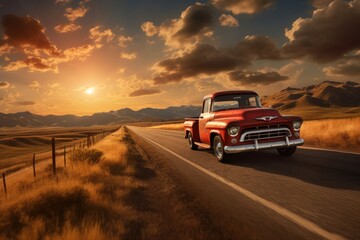 Fototapeta na wymiar An old red truck drives down a peaceful country road surrounded by picturesque scenery, A pick-up truck on an open road in the American countryside, AI Generated