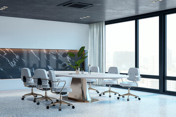 Modern concrete and marble meeting room office interior with panoramic window and city view. Luxury...