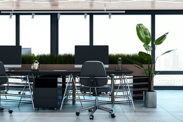 New concrete and wooden office interior with furniture and daylight, window and city view. 3D...