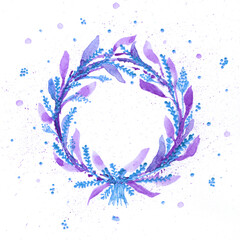 Obraz premium Blue and purple wreath on a white background. Christmas watercolor floral frame for greeting cards and more. Winter holiday decoration. Hand-drawn wreath illustration.