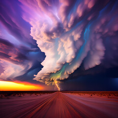 Vibrant, layered storm cloud with visible lightning bolts, creating a dramatic scene. An empty desert road runs through the center, enhancing the captivating atmosphere.