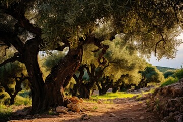 Fototapeta premium An enchanting dirt road winding through a dense forest of towering trees, A picturesque olive grove under the Mediterranean sun, AI Generated