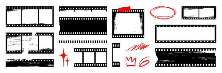 Set of grunge film strip with halftone texture. Star, crown and scribble shape. Punk elements for sticker, collage, banner. Vector illustration isolated on white background.