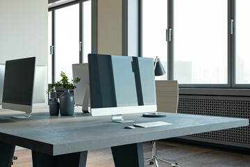 Clean bright office interior with wooden flooring, furniture and daylight, window and city view. 3D Rendering.