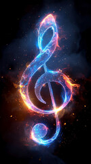 Vertical illustration of a glowing music G clef with colorful colors on black background