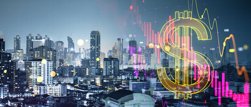 Abstract falling forex chart arrow and dollar icon on blurry wide night city background. Financial crisis, trade and recession concept. Double exposure. - Powered by Adobe