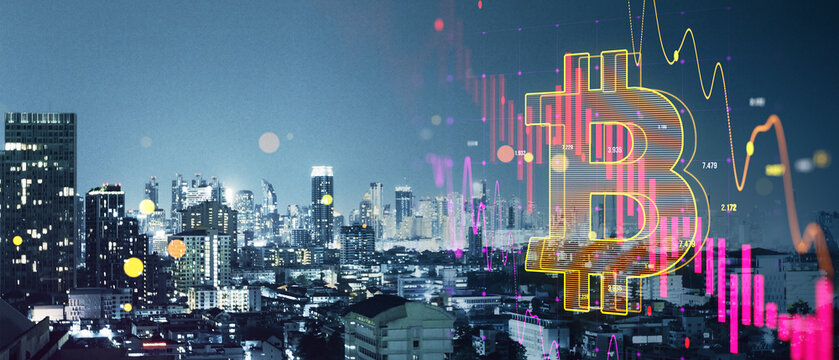 Abstract falling forex chart arrow and bitcoin icon on blurry wide night city background. Financial crisis, trade and recession concept. Double exposure.