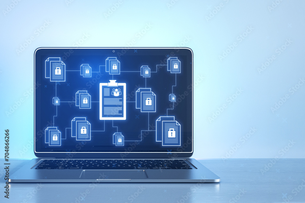 Fototapete close up of laptop computer with creative digital chain of documents on blurry light blue background