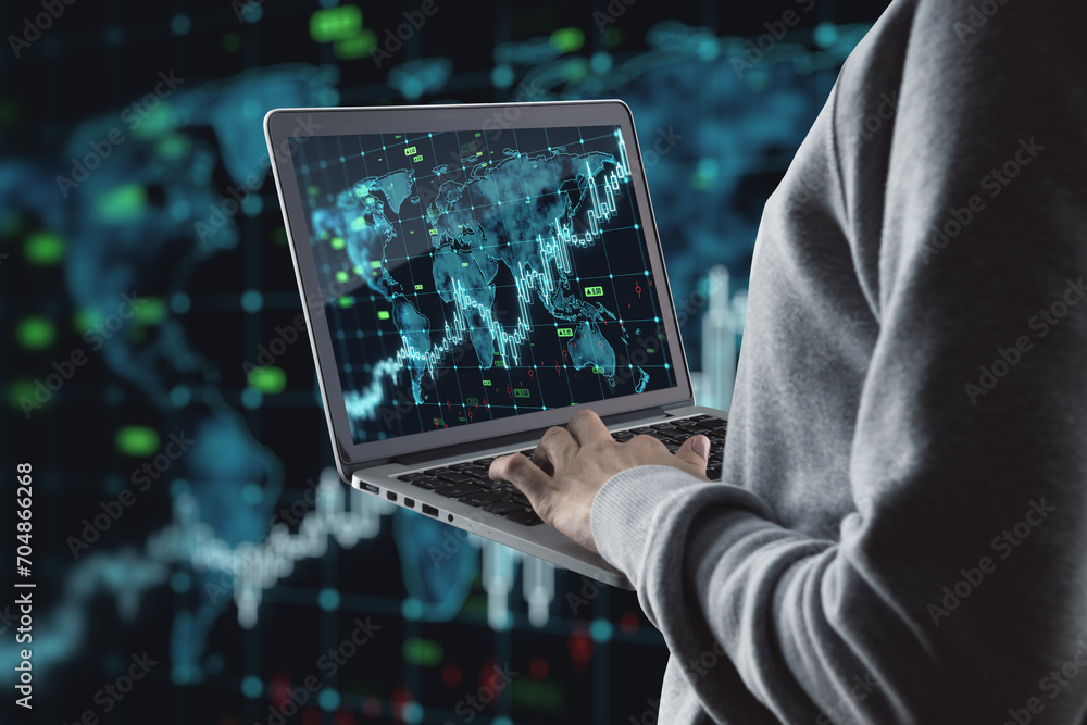 Poster close up of hands using laptop with growing forex chart arrow and icon on blurry dark background. fi
