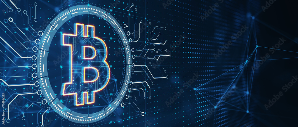 Poster Blue neon Bitcoin icon on a digital circuit board. Cryptocurrency and technology concept. 3D Rendering