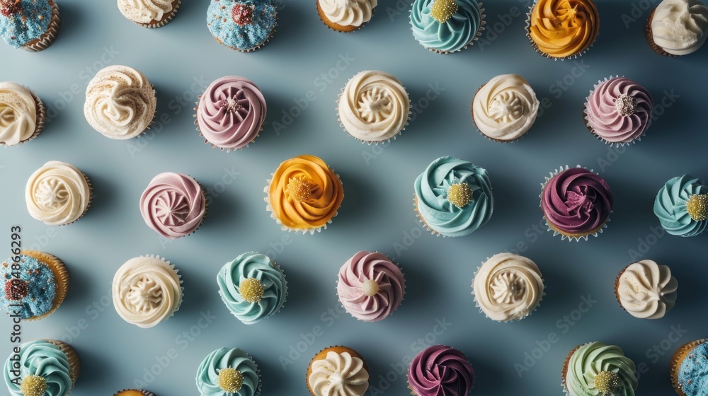 Poster a bunch of cupcakes with different colored frosting on top of each cupcake on a blue surface.