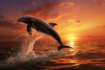 A stunning image of a dolphin gracefully leaping out of the water against a vibrant sunset backdrop, A playful dolphin leaping out of the sea during sunset, AI Generated