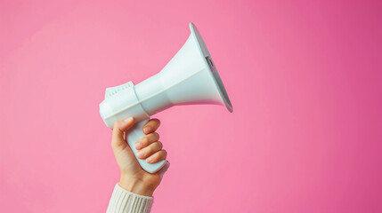 White Megaphone in woman hands isolated on a pink background generated by ai 