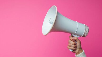White Megaphone in woman hands isolated on a pink background generated by ai 