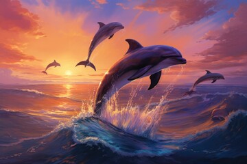 Breathtaking moment of three dolphins leaping out of the water against the backdrop of a stunning sunset, A pod of dolphins joyfully leaping over ocean waves under the twilight sky, AI Generated - obrazy, fototapety, plakaty