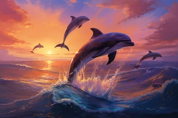Schilderijen op glas Breathtaking moment of three dolphins leaping out of the water against the backdrop of a stunning sunset, A pod of dolphins joyfully leaping over ocean waves under the twilight sky, AI Generated © Iftikhar alam