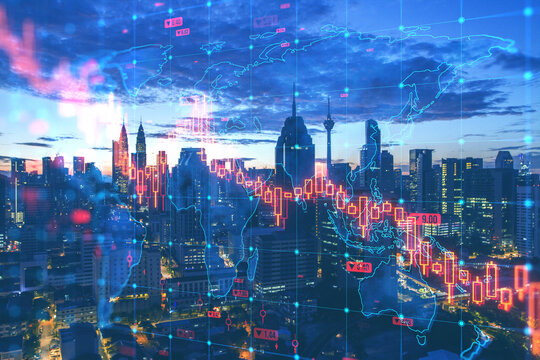 Abstract falling forex chart on blurry night city backdrop. Financial crisis, trade and recession concept. Double exposure.