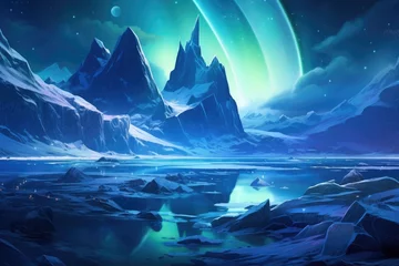Poster A breathtaking painting capturing the beauty of towering mountains reflected in a serene lake, A polar landscape showing gleaming icy glaciers under the Northern lights, AI Generated © Iftikhar alam