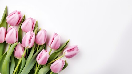 Top view pink tulips on isolated white background. Mother's day concept