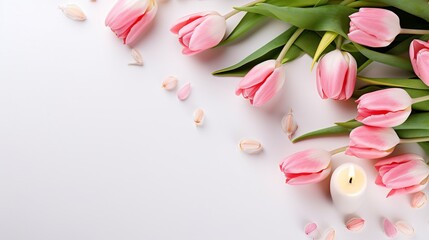 Banner with tulips and candle on isolated white background