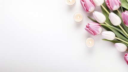 Fototapeta na wymiar Banner with tulips and candle on isolated white background