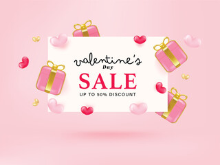 3d gift box and heart frame paper cut on pink background. Valentine's day greeting promotion sale discount offer.