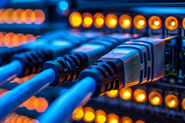 network equipment, switch hub and cables, blue lights, technology and it. computer magazine ad or website. ethernet adapter. internet server, LAN