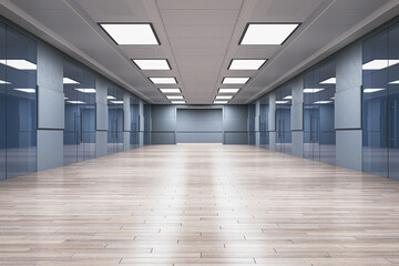 Modern corridor interior with glass doors and wooden flooring. 3D Rendering.