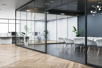 Modern wooden, concrete and glass meeting room interior with furniture and partitions. Workplace...