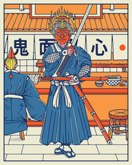 A Samurai with a devil mask is protecting his lord while he is eating a a traditional japanese restaurant.