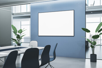 Clean blue, concrete and glass meeting room interior with empty white mock up banner, furniture and...
