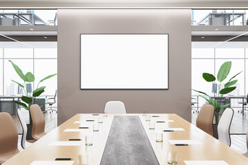 Modern wooden, concrete and glass meeting room interior with empty white mock up banner, furniture...