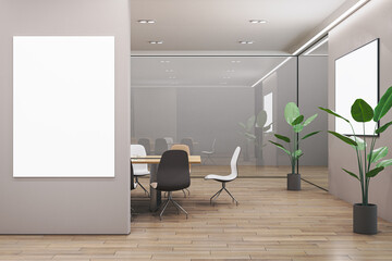Bright wooden, concrete and glass meeting room interior with empty white mock up banner, furniture and partitions. Workplace concept. 3D Rendering.