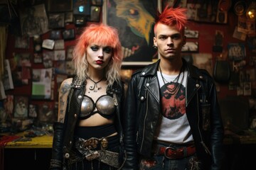 A man and a woman standing together, side by side, looking towards the camera, A punk rock concert with eccentric clothing styles, AI Generated
