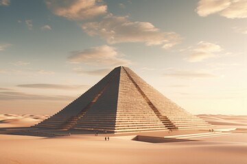 A colossal pyramid stands prominently in the heart of a barren desert, capturing the imagination and curiosity of onlookers, A pyramid structure surrounded by desert sands, AI Generated