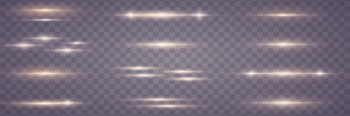 Set of light effects on a transparent background. Golden horizontal glowing neon lines. Golden glowing dust and glare of light. Vector illustration. EPS 10