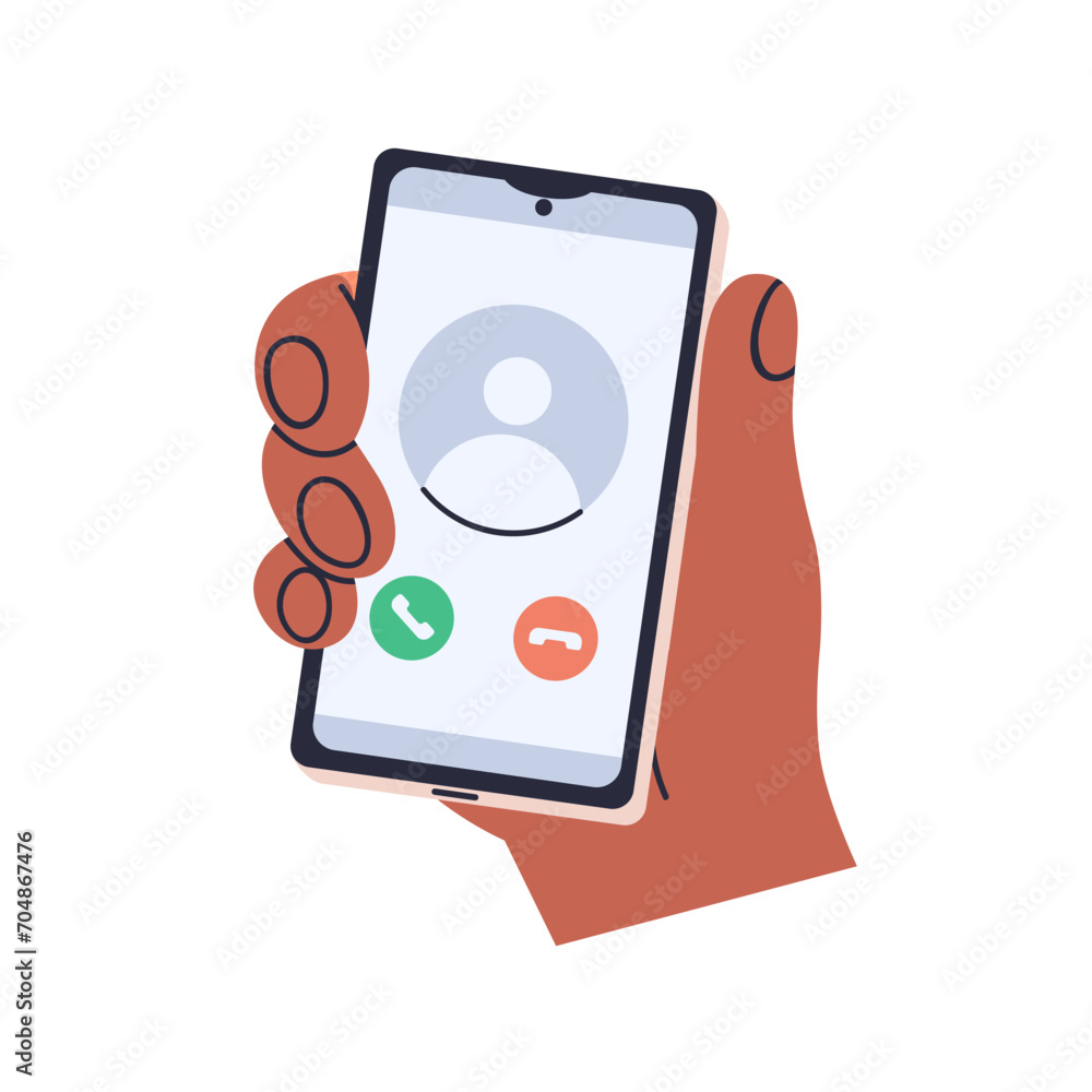 Aufkleber incoming phone call on mobile screen. hand holds smartphone with accept, receive, answer and decline