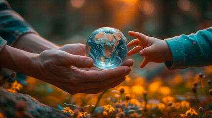 Sustainable environment in our hands, Environmental and social responsibilities of our globe conservation for now and then passing to the future generation. - obrazy, fototapety, plakaty