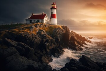 A stunning lighthouse standing atop a rugged cliff overlooking the vast ocean waves, A remote lighthouse home on a rugged coast, AI Generated - Powered by Adobe