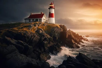 Foto op Aluminium A stunning lighthouse standing atop a rugged cliff overlooking the vast ocean waves, A remote lighthouse home on a rugged coast, AI Generated © Iftikhar alam