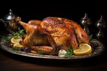 Roasted Turkey on Platter With Lemons and Herbs, Delicious Thanksgiving Main Course, A roasted chicken with golden-brown skin on a serving platter, AI Generated