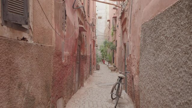 Walking in a Beautiful Narrow Street Alley Alleyway of Medina Old City Marrakesh, Morocco