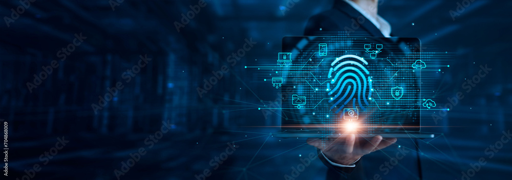 Leinwandbilder Cyber security and business data protection. Businessman using fingerprint scan online access business data security with virtual network connection. Biometric technology with secure data management.