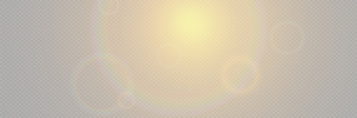Bright light with glare and reflection of the camera lens. Sun, sun rays, dawn, lens flare on a transparent background.
