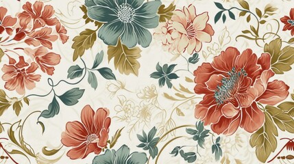  a floral wallpaper with red, blue, and green flowers on a cream background with green leaves and vines.