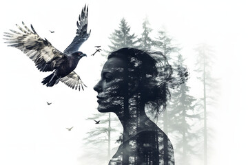 Nature's Melody - Double Exposure Portrait of a Young Woman, Pine, and Black Crow in Muted Tones