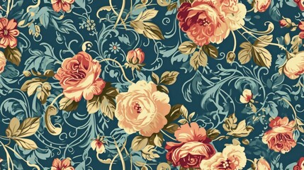  a blue floral wallpaper with pink and yellow flowers on a dark blue background with swirls and leaves on it.