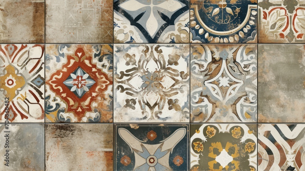 Poster a close up of a tiled wall with many different colors and shapes of tiles in different shapes and si