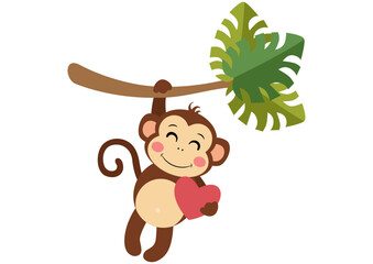 Cute monkey hanging from palm branch holding a heart © soniagoncalves
